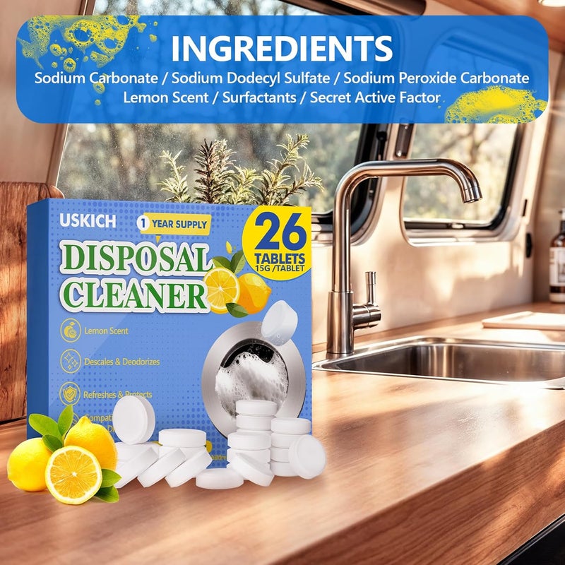 USKICH Garbage Disposal Cleaner Deodorizer Tablets 26Pack,XL Powerful Foaming Kitchen Sink Cleaners- Fresh Lemon Scented Disposal Cleaner, Natural Drain Garbage Disposer Cleaning- 1 Year Supply - Image 5